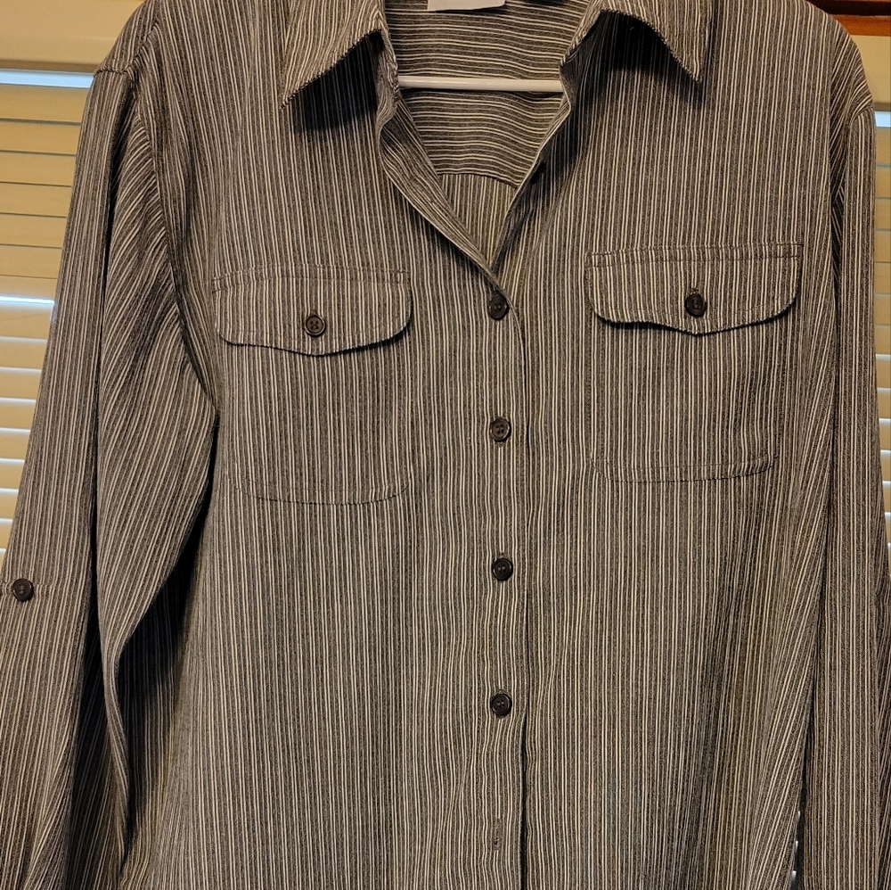 Women's Dress shirt, Grey and white striped, size L, brand apparenza.